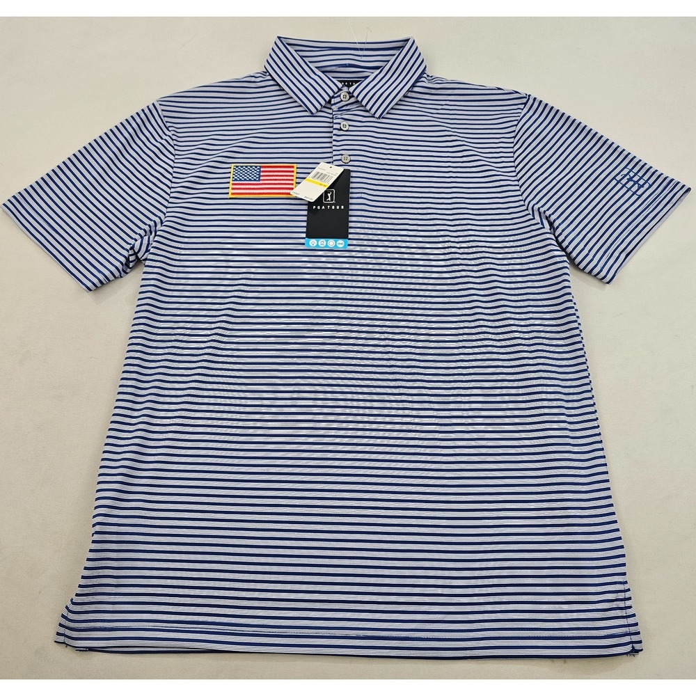 PGA TOUR Golf Polo Shirt Mens M Blue Striped USA Flag Sunflux PVKS9026OF